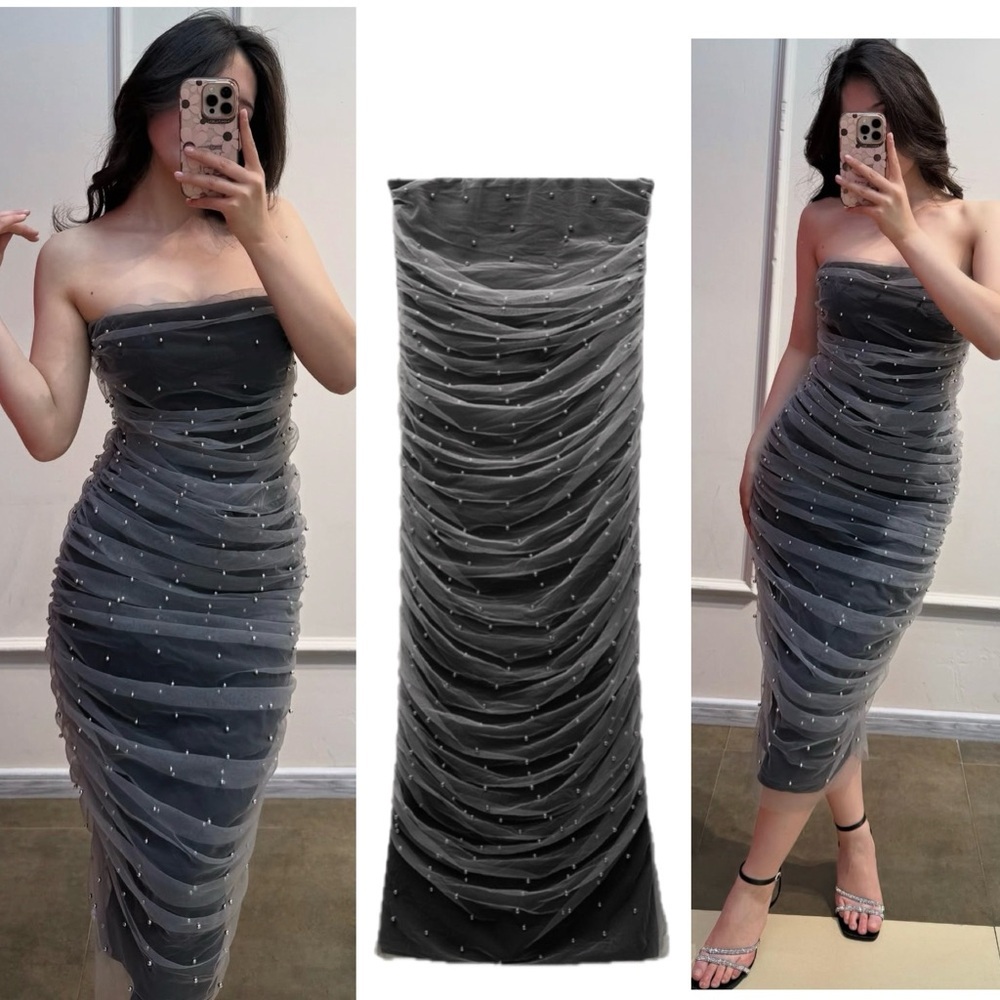Zara gray strapless gathered draped ruched mesh tulle pearl embellished dress L - Picture 4 of 15